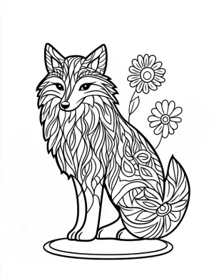 Peaceful Sitting Fox with Mandala Tail and Blooming Daisies in Background Coloring Page by Mindset Flow