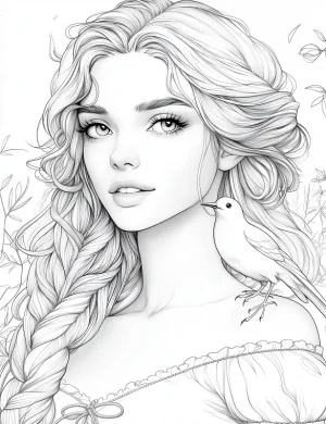 Peaceful Woman With Bird On Shoulder Adult Coloring Page By Mindset Flow