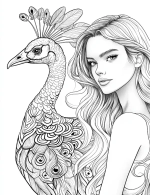 Peacock And Woman Portrait Adult Coloring Page By Mindset Flow