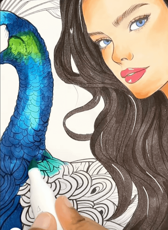 Peacock And Woman Portrait Adult Coloring Page-HowToVideo