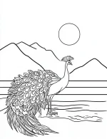 Peacock Standing in a Scenic Landscape with Mandala Feather Designs Coloring Page by Mindset Flow