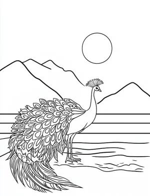 Peacock Standing in a Scenic Landscape with Mandala Feather Designs Coloring Page by Mindset Flow