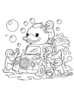 Penguins Washing Duck Car Coloring Page by Mindset Flow