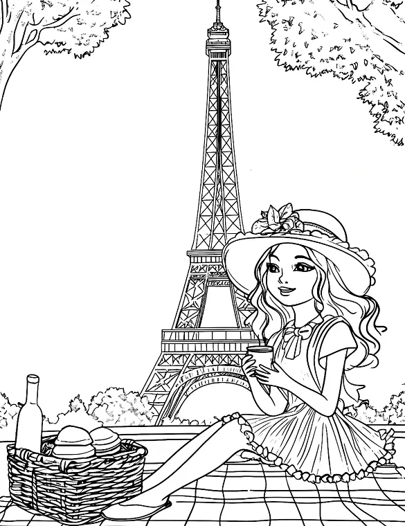 Picnic in Paris with Eiffel Tower Adult Coloring Page By Mindset Flow
