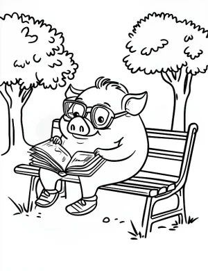 Pig in Glasses Reading a Book Coloring Page by Mindset Flow