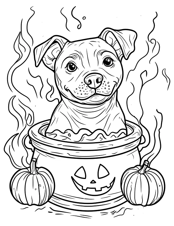 Pit Bull in Witch Cauldron Halloween Coloring Page By Mindset Flow