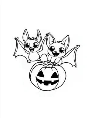 Playful Bats Flying Over Halloween Pumpkin Coloring Page by Mindset Flow