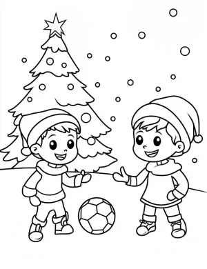 Playful Cartoon Friends Playing on Christmas Coloring Page by Mindset Flow