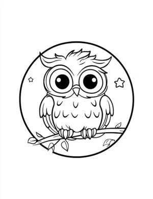 Playful Cartoon Owl Sitting On Branch With Stars Circle Coloring Page by Mindset Flow