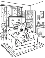 Playful Cat Gaming on Couch Coloring Page by Mindset Flow