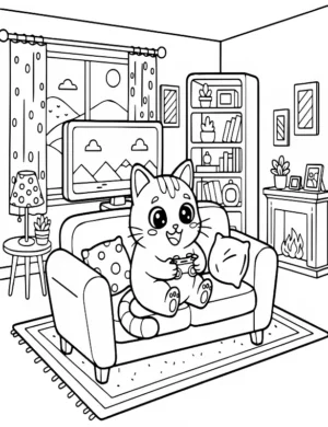 Playful Cat Gaming on Couch Coloring Page by Mindset Flow