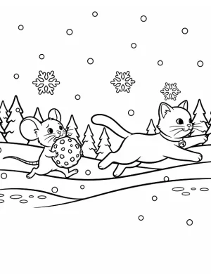 Playful Cat and Mouse Christmas Chase Coloring Page By Mindset Flow