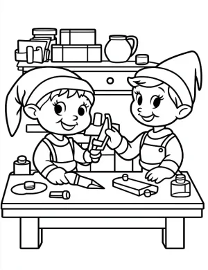 Playful Christmas Elves in Workshop Coloring Page by Mindset Flow