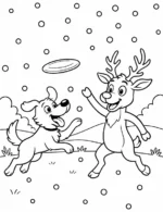 Playful Dog and Reindeer Playing Frisbee Coloring Page By Mindset Flow