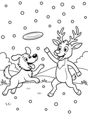 Playful Dog and Reindeer Playing Frisbee Coloring Page By Mindset Flow
