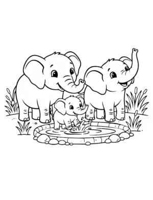 Playful Elephant Family by the Water Coloring Page by Mindset Flow