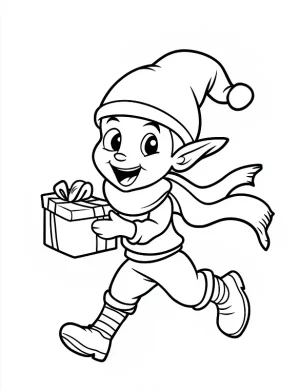 Playful Elf Running with Gift Christmas Coloring Page by Mindset Flow
