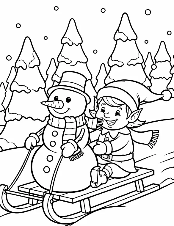 Playful Elf and Snowman Sled Ride Coloring Page By Mindset Flow Playful Elf and Snowman Sled Ride Coloring Page By Mindset Flow