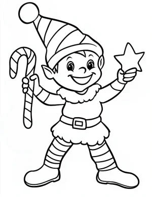 Playful Elf with Candy Cane and Star Coloring Page by Mindset Flow