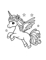 Playful Flying Unicorn with Wings and Stars Coloring Page