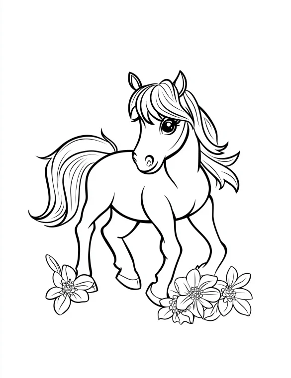 Playful Horse with Lily Flowers Coloring Page