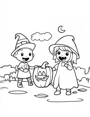 Playful Kids with Pumpkin Lanterns Halloween Coloring Page by Mindset Flow
