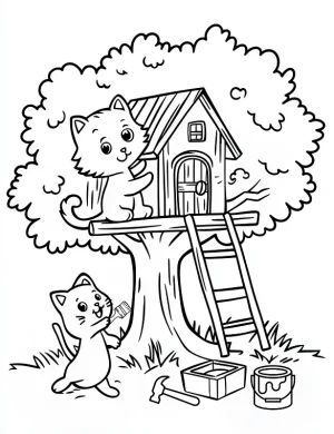 Playful Kittens Building Treehouse Coloring Page by Mindset Flow