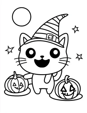 Playful Kitty Cat Wearing A Witch Hat Coloring Page by Mindset Flow