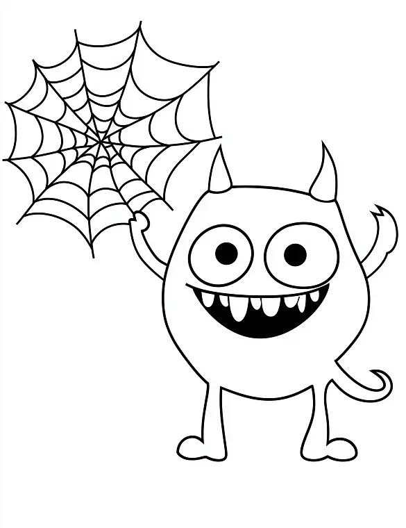 Playful Monster Holding Spider Web Halloween Coloring Page by Mindset Flow
