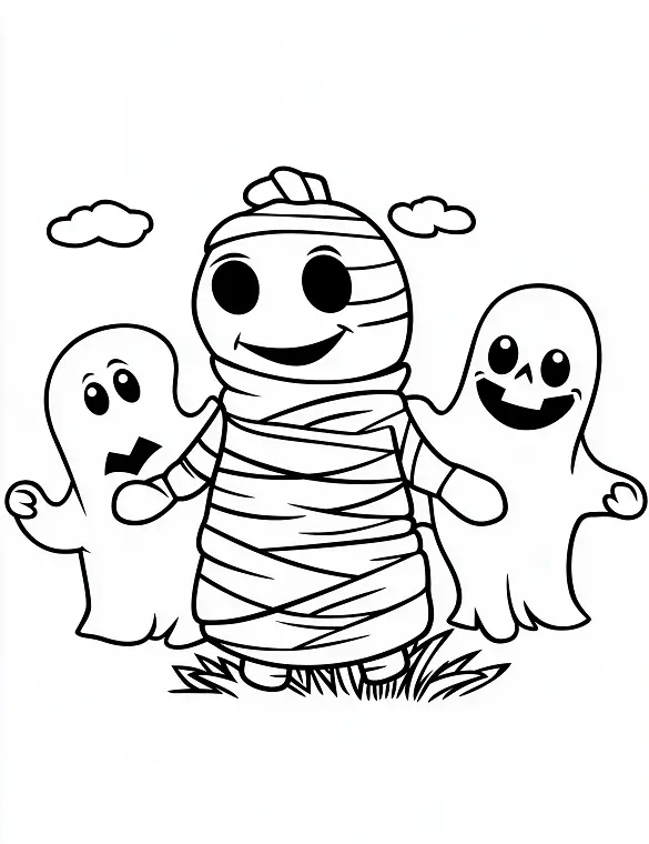 Playful Mummy with Friendly Ghosts Halloween Scene Coloring Page by Mindset Flow