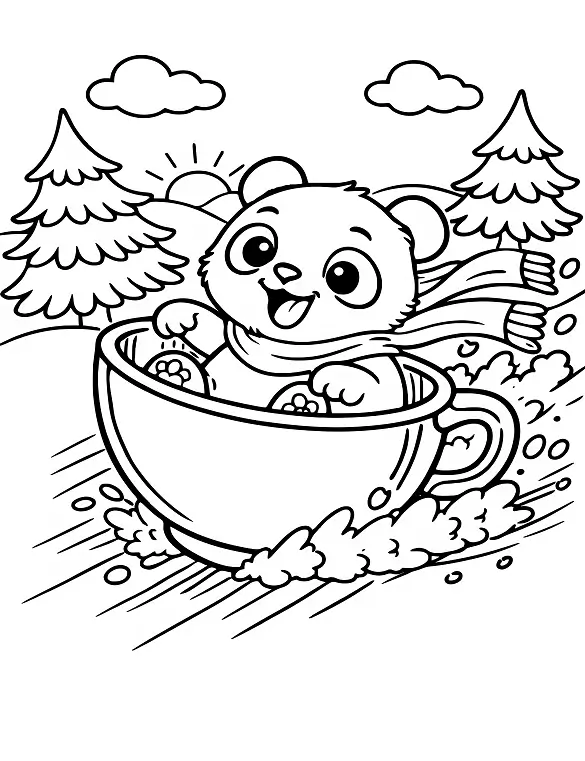 Playful Panda Sledding in Teacup Coloring Page By Mindset Flow