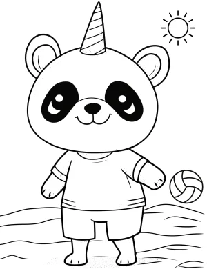 Playful Panda Unicorn Playing with Beach Ball Coloring Page