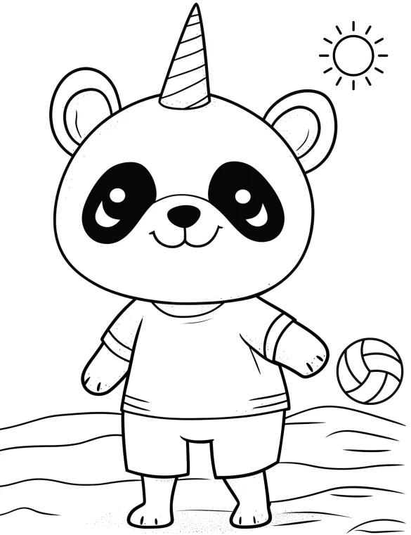 Playful Panda Unicorn Playing with Beach Ball Coloring Page