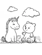 Playful Panda and Unicorn Friends in Meadow Coloring Page