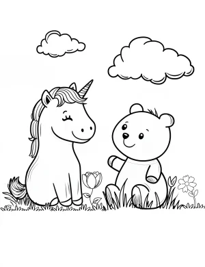 Playful Panda and Unicorn Friends in Meadow Coloring Page