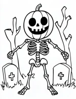 Playful Pumpkin Skeleton in Graveyard Halloween Coloring Page by Mindset Flow