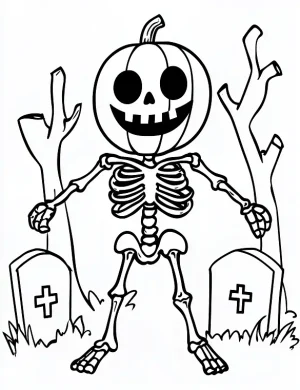 Playful Pumpkin Skeleton in Graveyard Halloween Coloring Page by Mindset Flow