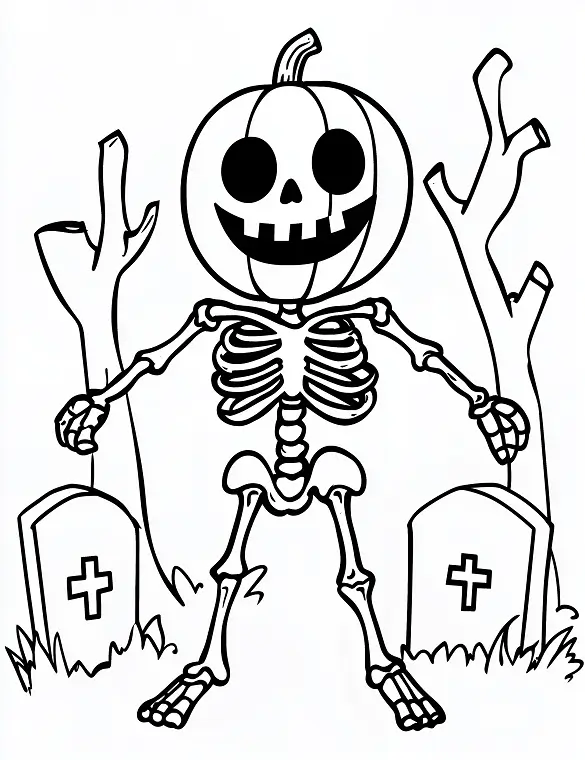 Playful Pumpkin Skeleton in Graveyard Halloween Coloring Page by Mindset Flow