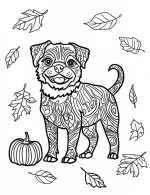 Playful Puppy Dog Mandala with Leaves and Pumpkin Autumn Coloring Page by Mindset Flow