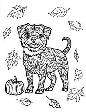Playful Puppy Dog Mandala with Leaves and Pumpkin Autumn Coloring Page by Mindset Flow