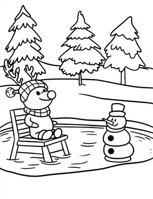 Playful Reindeer Lifeguard with Snowman Coloring Page by Mindset Flow