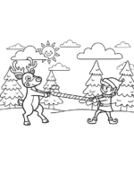 Playful Reindeer and Elf with Candy Cane Coloring Page By Mindset Flow