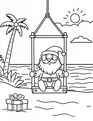Playful Santa Swinging on Beach Christmas Coloring Page by Mindset Flow