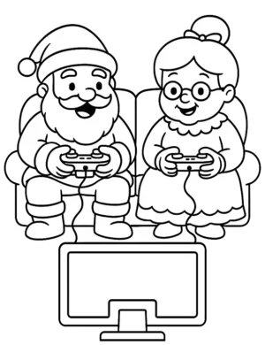 Playful Santa and Mrs Claus Gaming Christmas Coloring Page By Mindset Flow