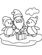 Playful Santa and Two Penguins with Gift Coloring Page by Mindset Flow