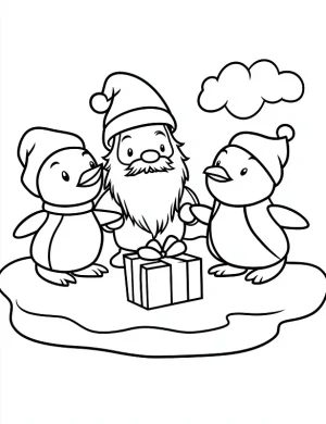 Playful Santa and Two Penguins with Gift Coloring Page by Mindset Flow