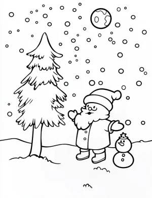 Playful Santa with Snowman and Tree Coloring Page By Mindset Flow