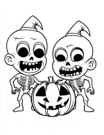 Playful Skeleton Twins with Pumpkin Halloween Fun Coloring Page by Mindset Flow