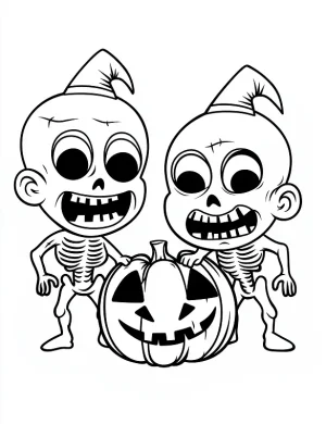 Playful Skeleton Twins with Pumpkin Halloween Fun Coloring Page by Mindset Flow