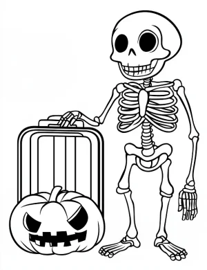 Playful Skeleton with Pumpkin Suitcase Halloween Coloring Page by Mindset Flow